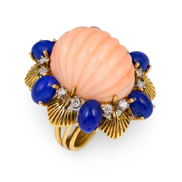 Pink Coral, Lapis Lazuli and Diamond Ring in 18K Yellow Gold, circa 1960s