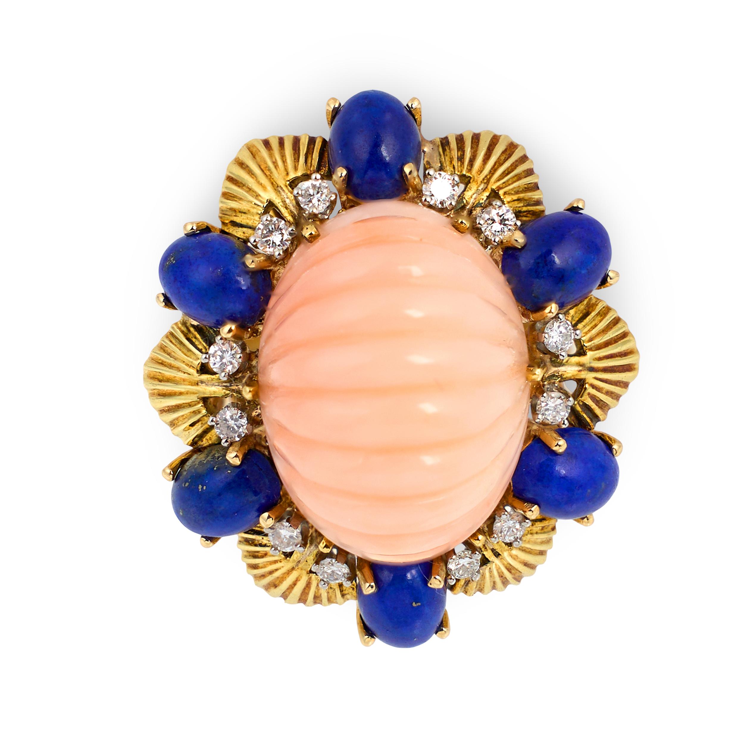 Pink Coral, Lapis Lazuli and Diamond Ring in 18K Yellow Gold, circa 1960s