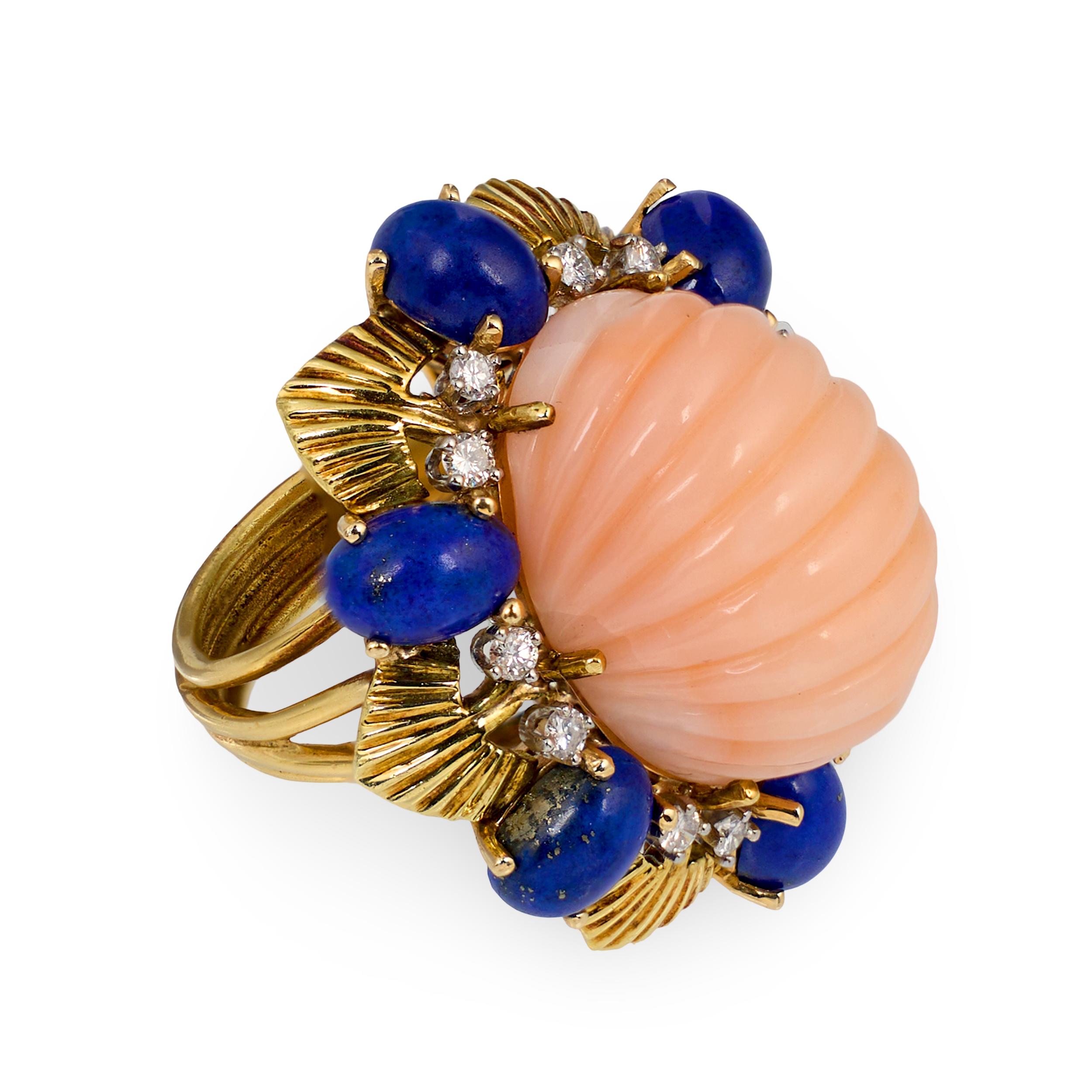 Pink Coral, Lapis Lazuli and Diamond Ring in 18K Yellow Gold, circa 1960s